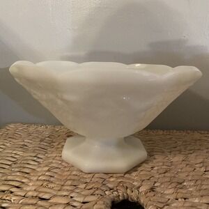 Vintage Anchor Hocking Milk Glass Pedestal Fruit bowl Grape & Leaf Design Large